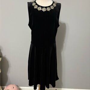 One Clothing Black Velvet Dress with Crystal Floral Neckline Accents